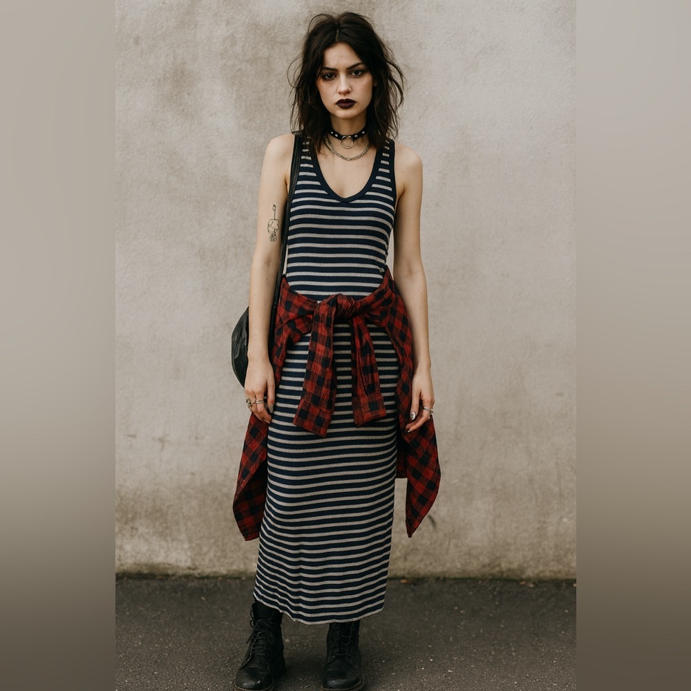 90s Y2K Maxi Dress Size XL Racer Back Navy Grey Striped Full Length Dress Grunge